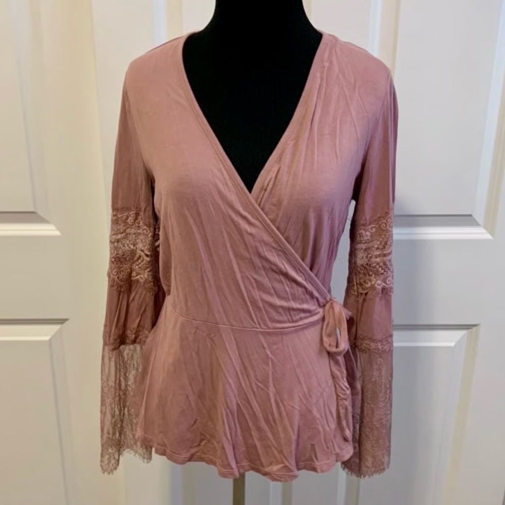 NEW Mauve Long Sleeve Wrap Top w/ Lace Sleeves